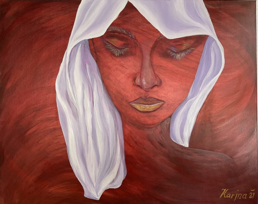 COVERED, Acryl auf LW, 100 x 80cm, gerahmt Ein Hauch von Geheimnis und Stille – ein in Rot getauchtes Gesicht mit geschlossenen Augen, umrahmt von einem fließenden weißen Schleier. Die Haut wirkt wie von feurigen Schatten durchzogen, während goldene Akzente auf den Lippen und Wimpern sanft im Kontrast schimmern. Eine Komposition aus Wärme und Ruhe, aus Verhüllung und Offenbarung, die den Betrachter in eine Welt der Innerlichkeit und Reflexion entführt.