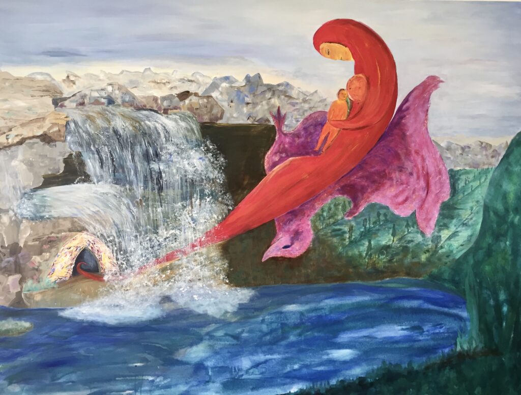 Felsgeborene - Acryl auf Leinwand, 120x160cm Das Gemälde zeigt eine träumerische, surreale Landschaft. Die zentrale rote, mütterliche Figur trägt zwei kleinere Figuren schützend in sich. Sie schwebt auf einem vogelartigen Wesen. Spannungsgeladen ist die kleine höhlenartige Öffnung im Felsen, aus der die mütterliche Figur entspringt. Ein Werk voller Symbolik und Mystik.