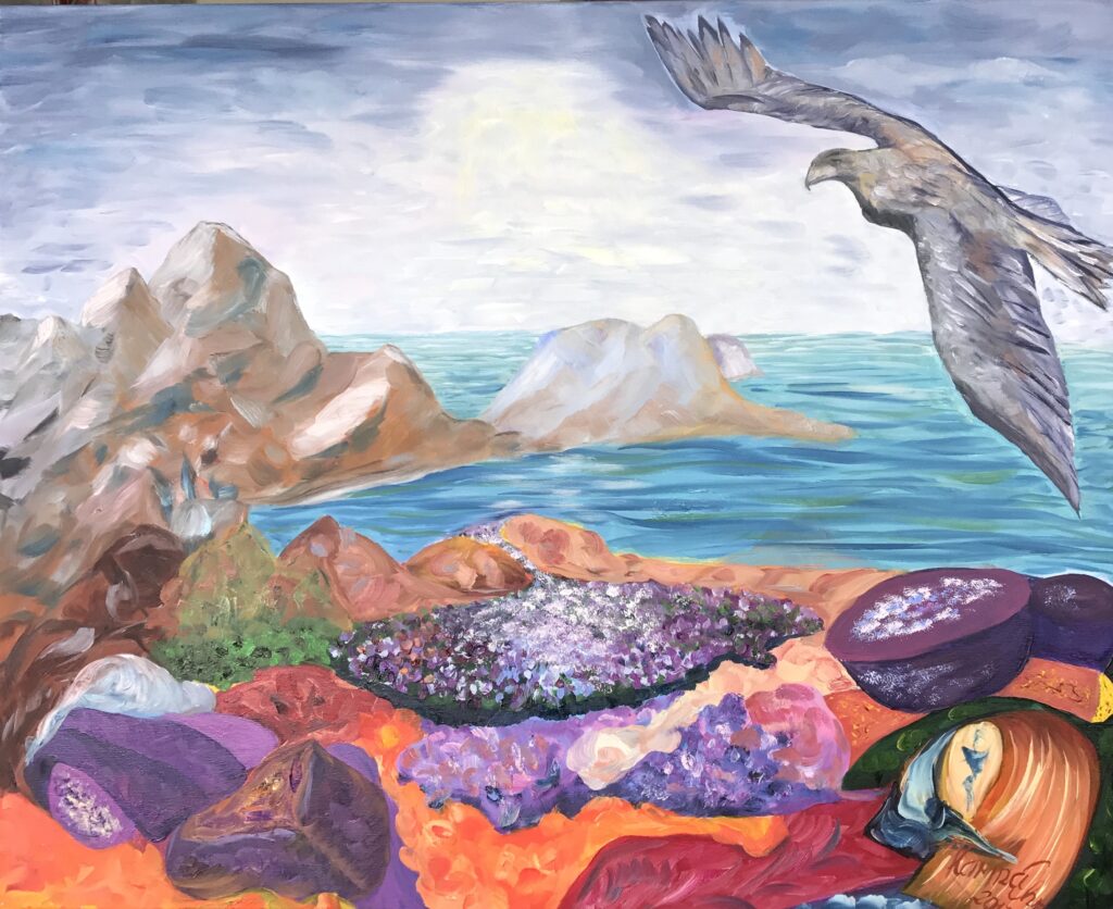 Jubelee 1, Acryl und Öl auf LW, 100x80cm Eine surreale, lebendige Szenerie in strahlenden Farben bespielt eine farbenprächtige Küstenlandschaft. Ein majestätischer Adler fliegt über die Szene hinweg. Will er bewachen? Will er Einfluss nehmen? Wir erblicken eine kraftvolle Verbindung zwischen Natur, Freiheit und Mystik.