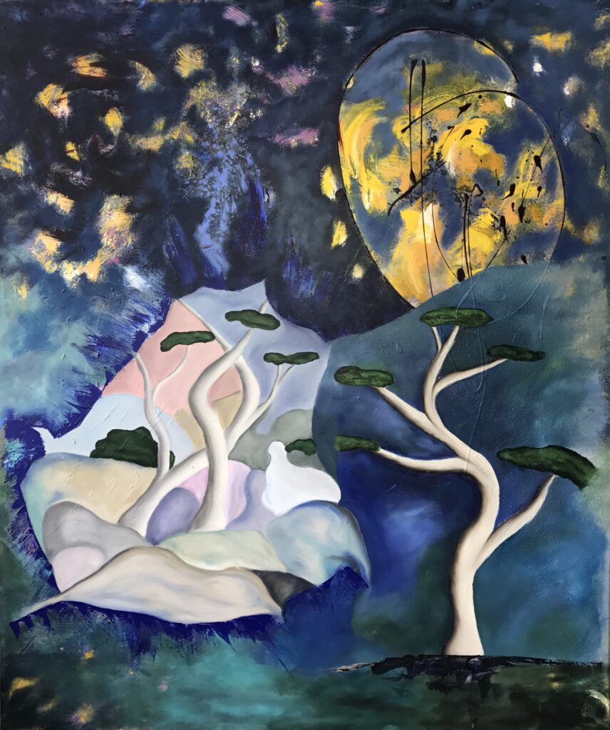 LIGHT BE, Acryl-Öl-auf LW, 100x120cm Ein mystisch-surrealistisches Gemälde: verwobene, organische Formen treffen auf leuchtende, kontrastreiche Farben. Es entsteht vor des Betrachters Auge eine traumartige Landschaft, während ein goldener, abstracter Kreis im Nachthimmes wie ein Tor zu einer anderen Dimension wirkt. Die Komposition strahlt eine geheimnisvolle, fast meditative Ruhe aus.