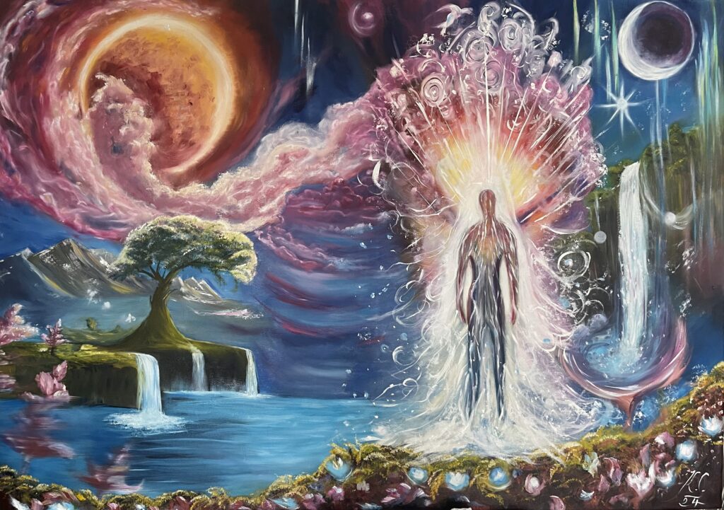 THE SPIRIT OF GLORY, Öl und Ölpastelle auf LW, 140x120cm, gerahmt Ein faszinierendes, spirituelles Gemälde voller kosmischer Symbolik. Es lässt dem Betrachter Raum für eigene Deutungen. Es vermittelt eine kraftvolle, fast meditative Atmosphäre, die zum Nachdenken über die eigenen Existenz im großen Ganzen anregt